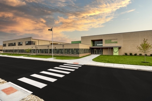Miami Whitewater Elementary School entrance and road with crosswalk