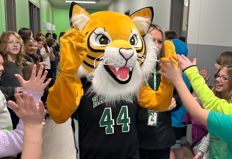 Tiger mascot in hallway giving students high-fives